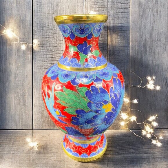 Vintage Chinese Cloisonne Vase Vessel Bud Vase Blue Red Bird Flowers Metal VTG - Picture 2 of 12